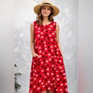 Fenini Red Linen Polka Dot Dress Oversized Medium Patch Pockets Artsy Lagenlook